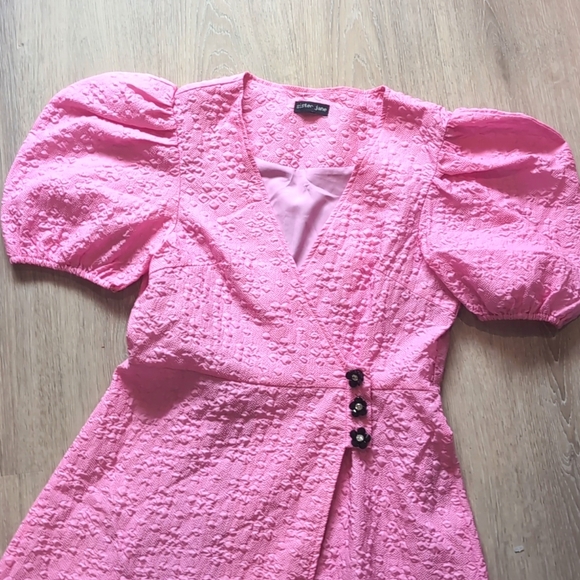Sister Jane Pink Wrap Dress Puff Sleeves Asymmetrical - Picture 5 of 10